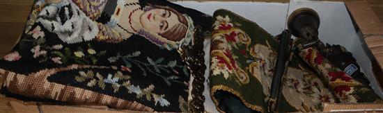 A large needlepoint figurative panel, a similar panel and two bell pulls